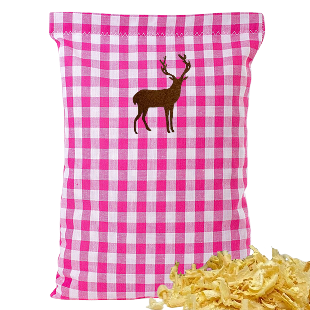 Baumwoll Zirbenkissen pink/weiß großkariert mit versch. Hirsch-Motiven - 30x20 cm