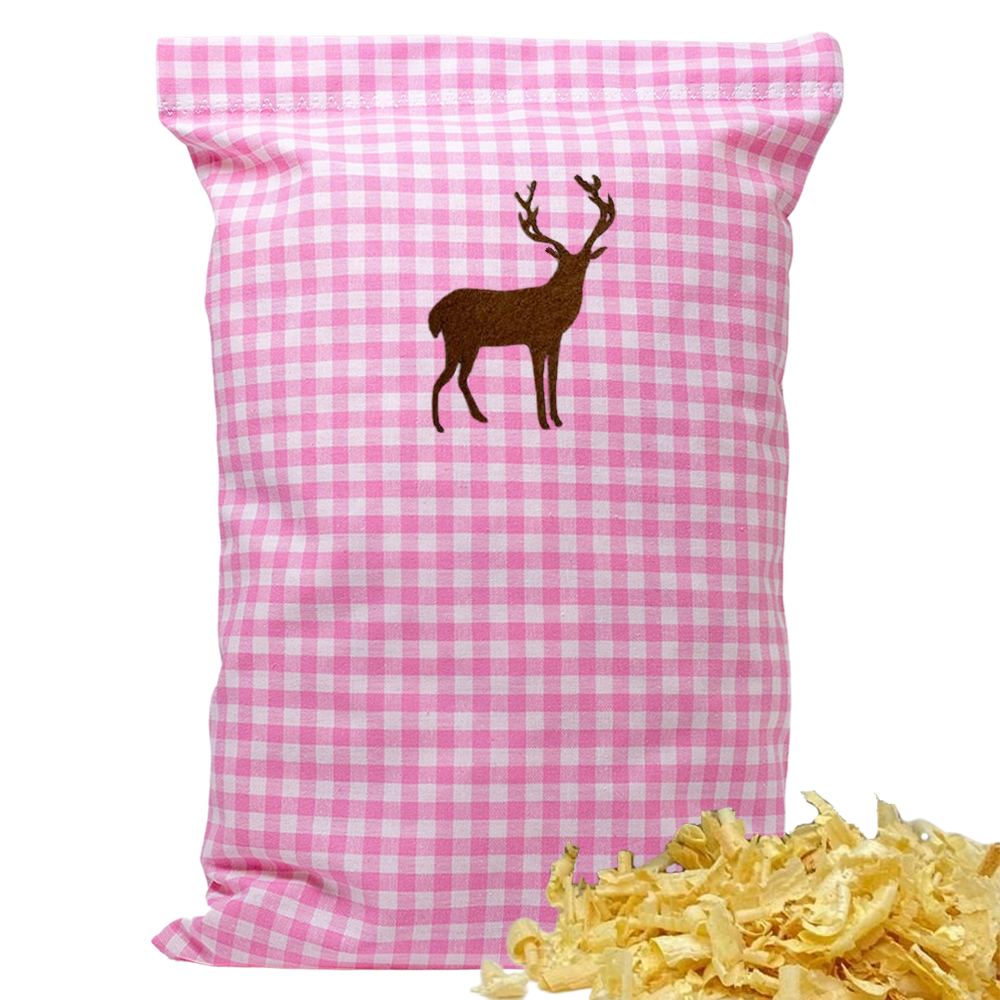 Baumwoll Zirbenkissen rosa/weiß kariert mit versch. Hirsch-Motiven - 30x20 cm