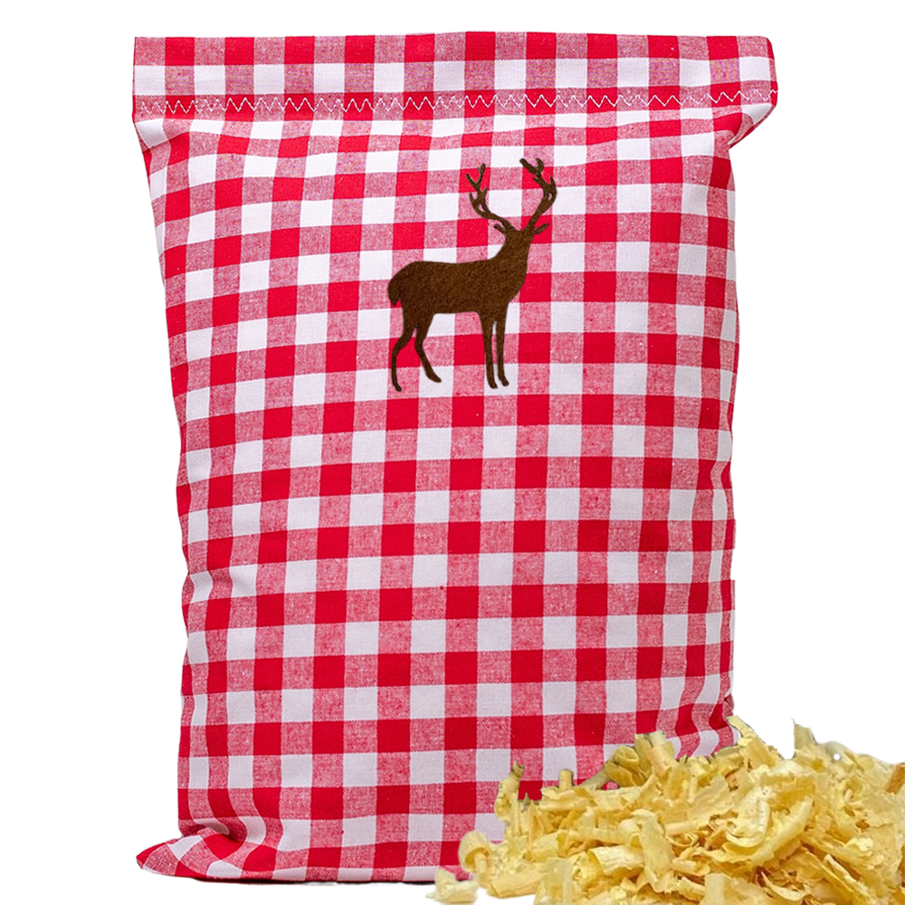 Baumwoll Zirbenkissen rot/weiß großkariert mit versch. Hirsch-Motiven - 30x20 cm