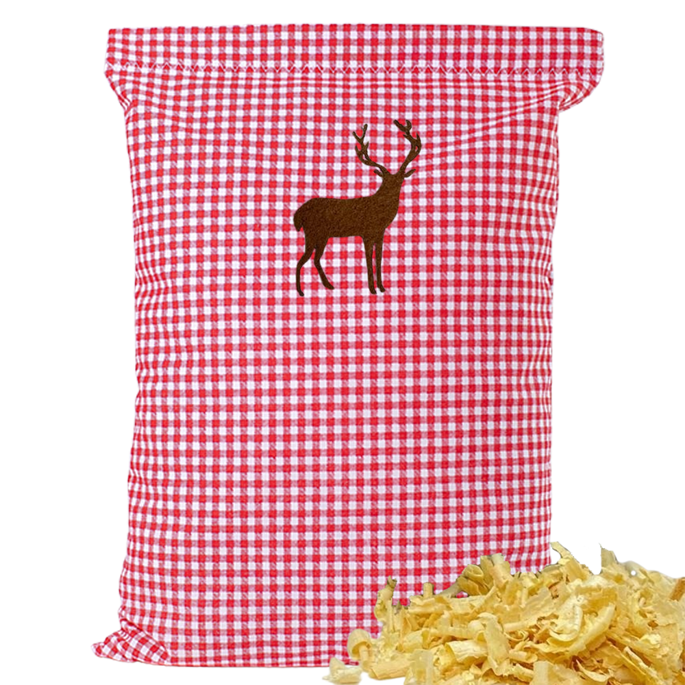 Baumwoll Zirbenkissen rot/weiß kleinkariert mit versch. Hirsch-Motiven - 30x20 cm