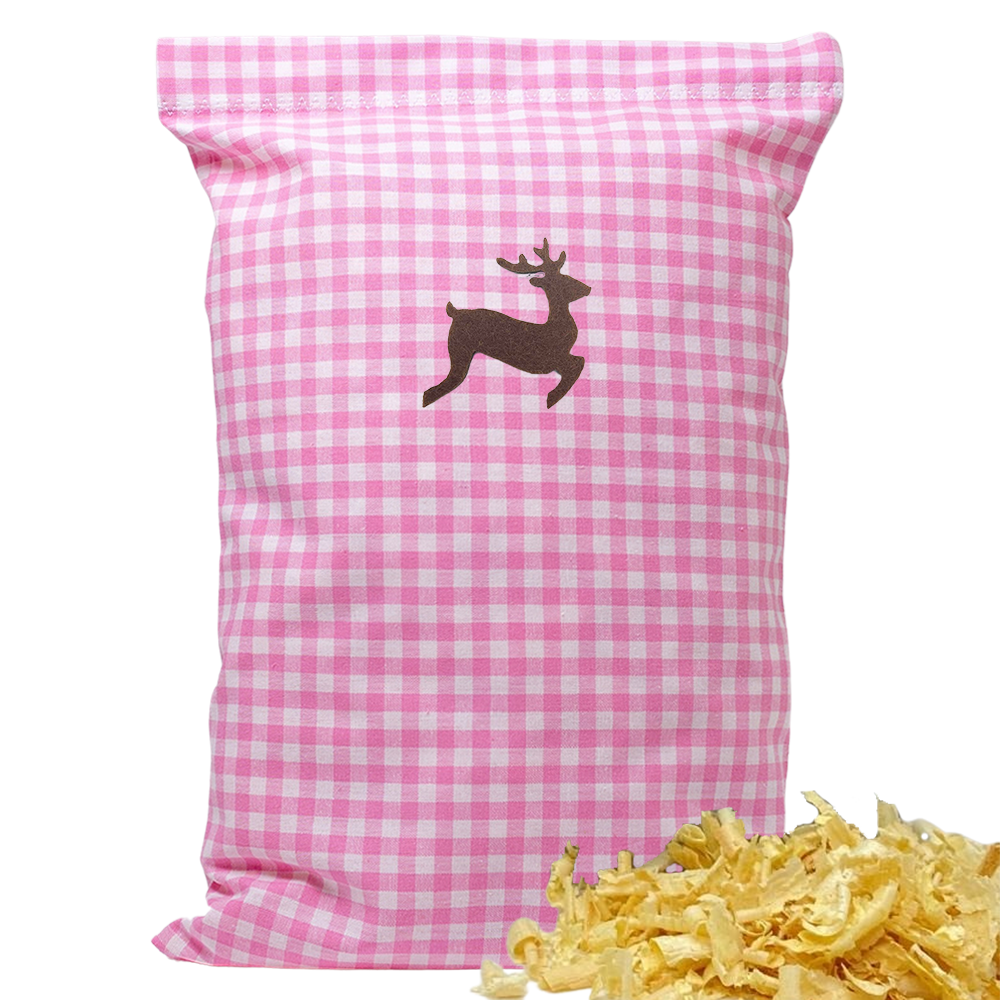 Baumwoll Zirbenkissen rosa/weiß kariert mit versch. Hirsch-Motiven - 30x20 cm