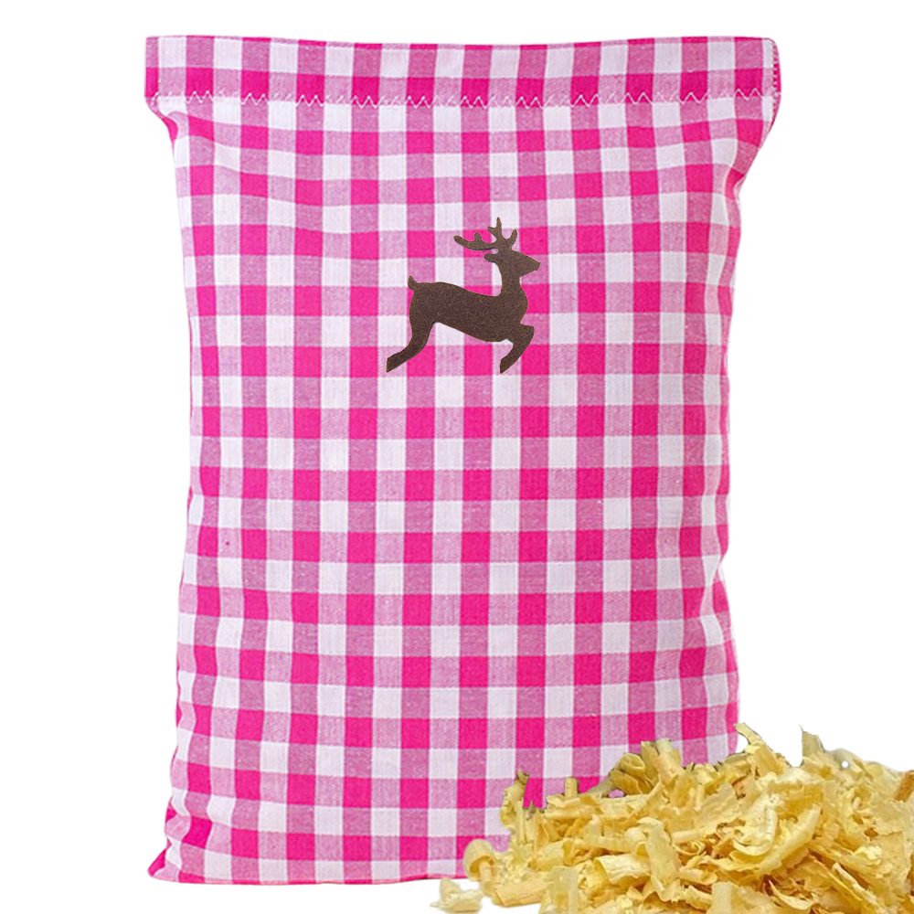 Baumwoll Zirbenkissen pink/weiß großkariert mit versch. Hirsch-Motiven - 30x20 cm