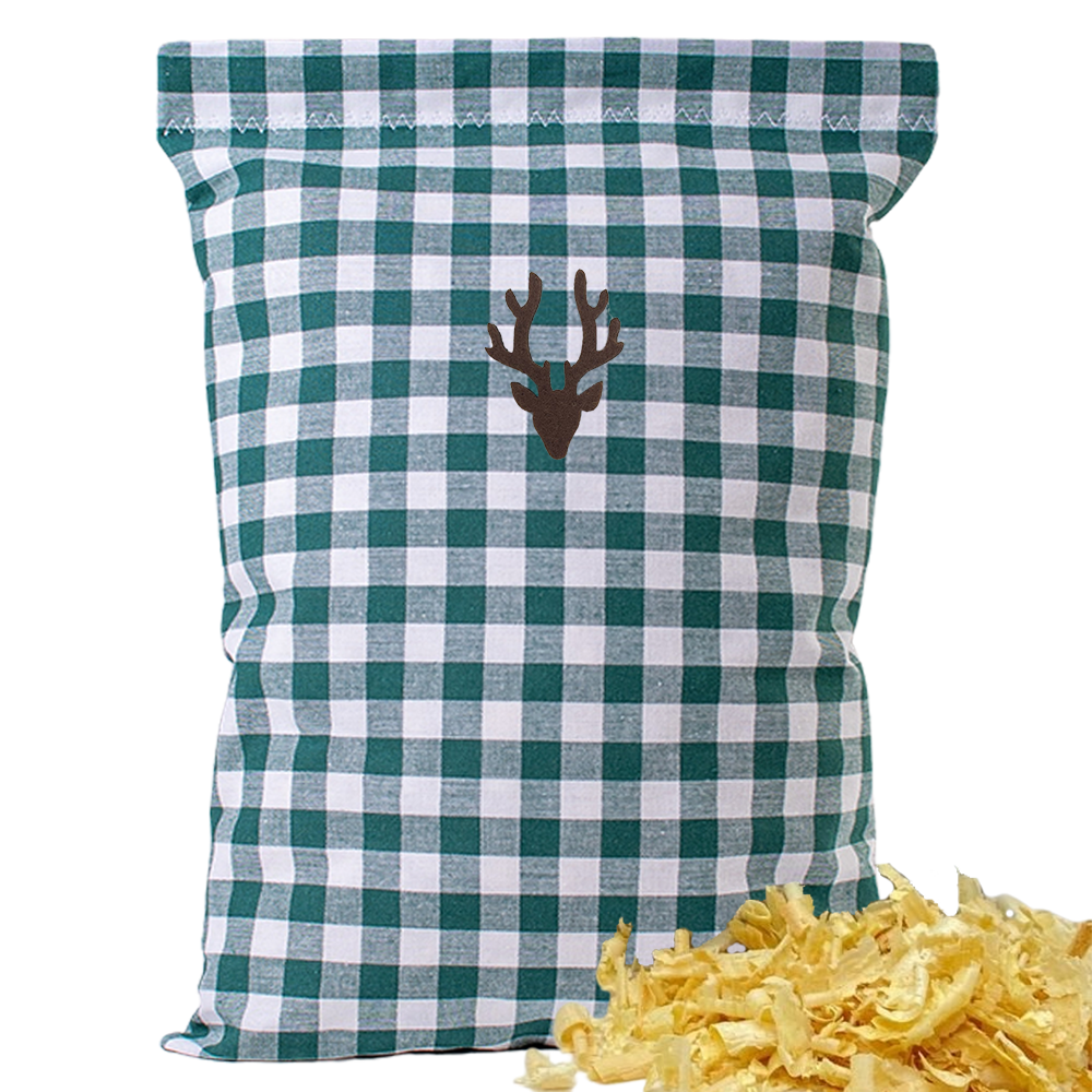 Baumwoll Zirbenkissen grün/weiß großkariert mit versch. Hirschkopf-Motiven - 30x20 cm