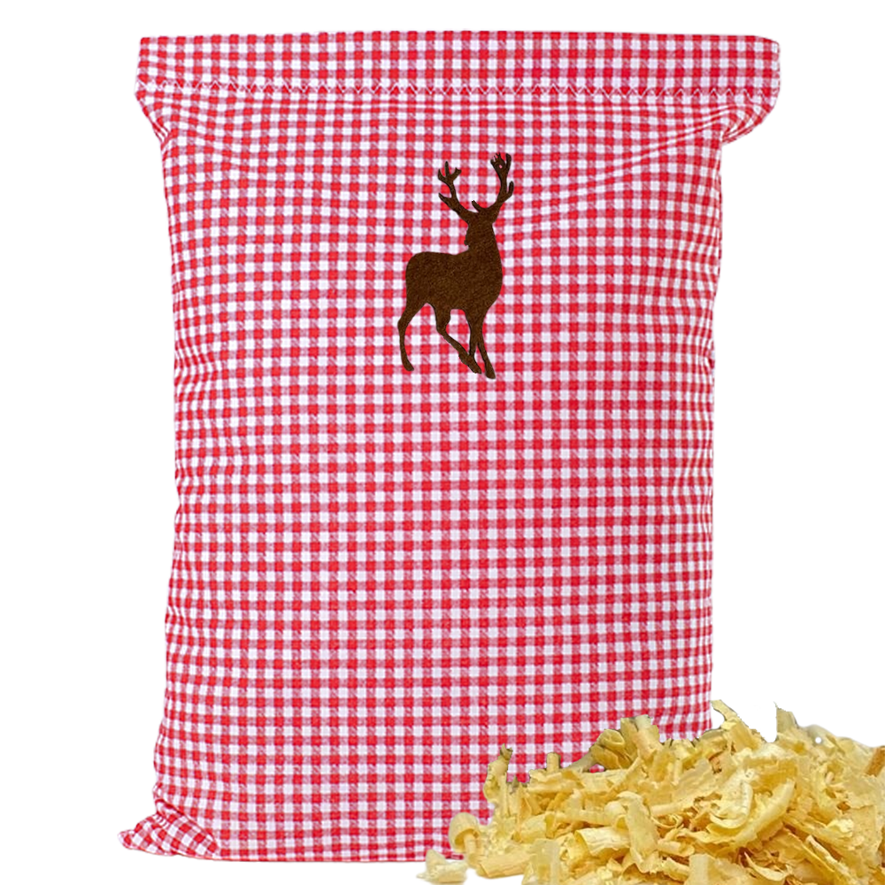 Baumwoll Zirbenkissen rot/weiß kleinkariert mit versch. Hirsch-Motiven - 30x20 cm