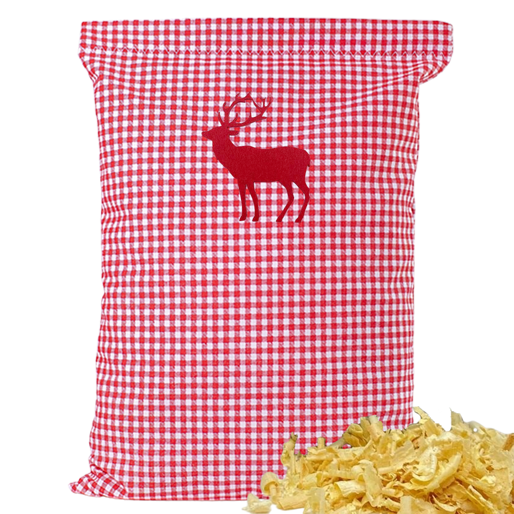 Baumwoll Zirbenkissen rot/weiß kleinkariert mit versch. Hirsch-Motiven - 30x20 cm