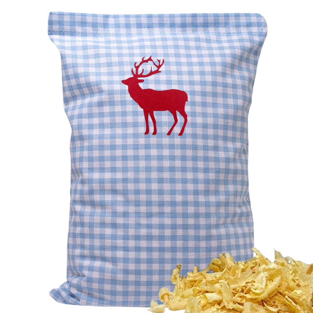 Baumwoll Zirbenkissen hellblau/weiß kariert mit versch. Hirsch-Motiven - 30x20 cm