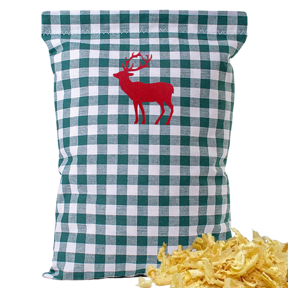 Baumwoll Zirbenkissen grün/weiß großkariert mit versch. Hirsch-Motiven - 30x20 cm