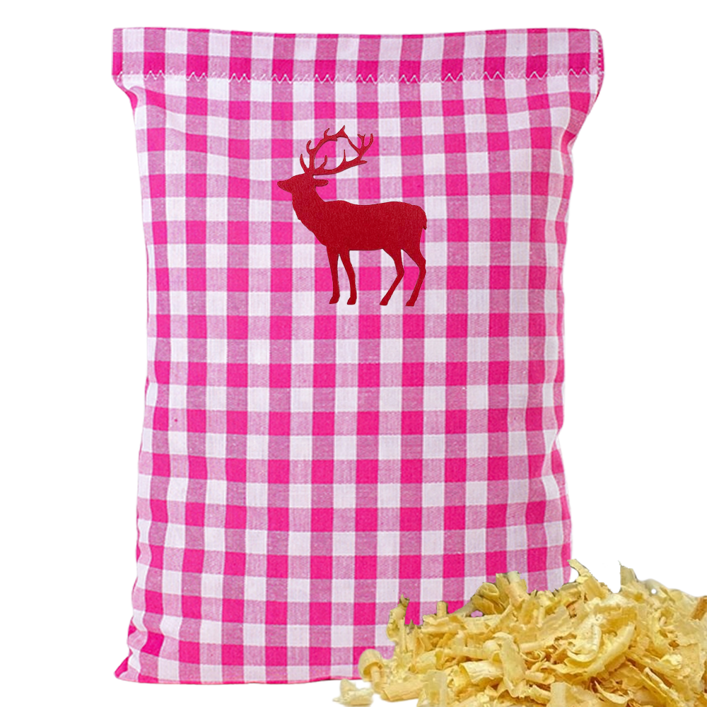 Baumwoll Zirbenkissen pink/weiß großkariert mit versch. Hirsch-Motiven - 30x20 cm