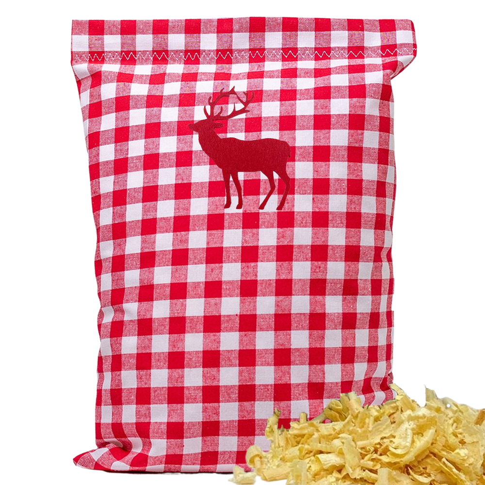 Baumwoll Zirbenkissen rot/weiß großkariert mit versch. Hirsch-Motiven - 30x20 cm