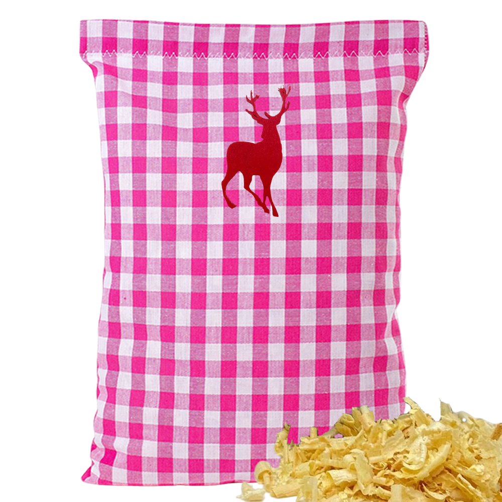 Baumwoll Zirbenkissen pink/weiß großkariert mit versch. Hirsch-Motiven - 30x20 cm