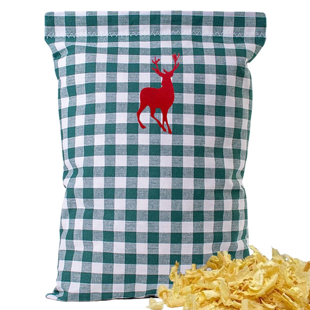 Baumwoll Zirbenkissen grün/weiß großkariert mit versch. Hirsch-Motiven - 30x20 cm