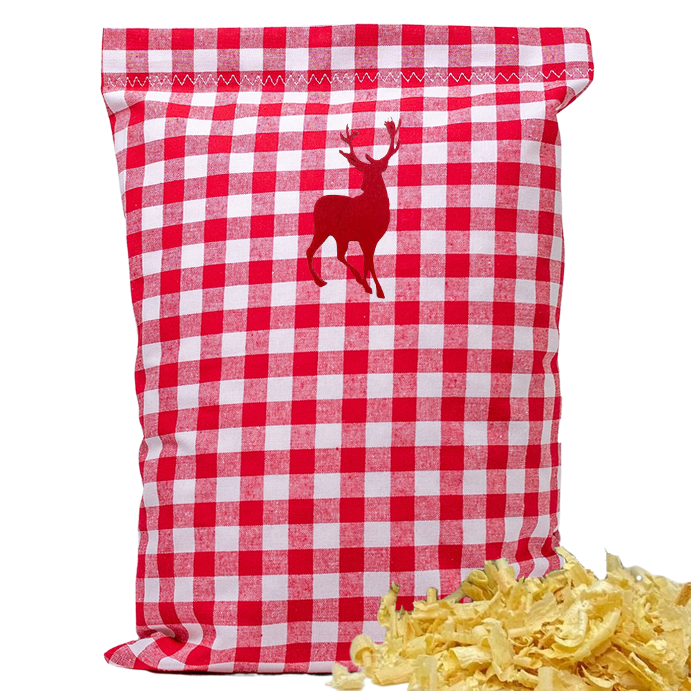 Baumwoll Zirbenkissen rot/weiß großkariert mit versch. Hirsch-Motiven - 30x20 cm