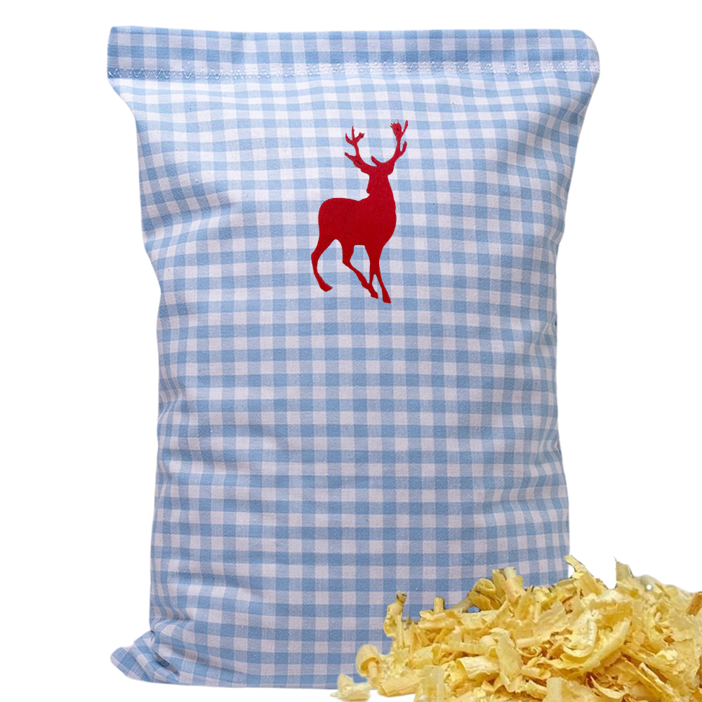 Baumwoll Zirbenkissen hellblau/weiß kariert mit versch. Hirsch-Motiven - 30x20 cm