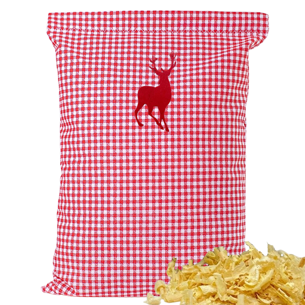 Baumwoll Zirbenkissen rot/weiß kleinkariert mit versch. Hirsch-Motiven - 30x20 cm
