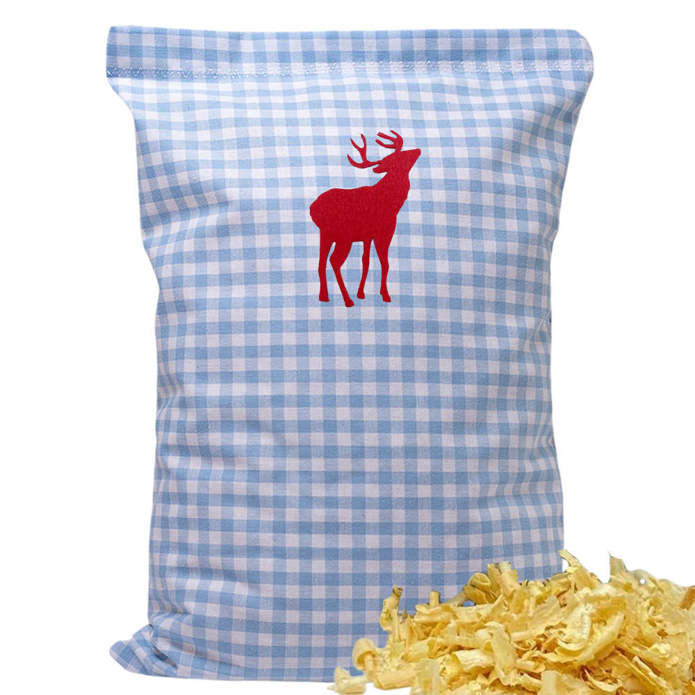 Baumwoll Zirbenkissen hellblau/weiß kariert mit versch. Hirsch-Motiven - 30x20 cm