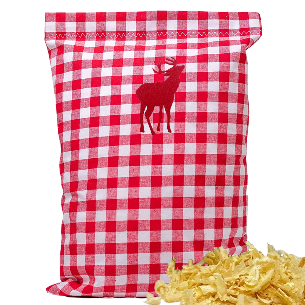 Baumwoll Zirbenkissen rot/weiß großkariert mit versch. Hirsch-Motiven - 30x20 cm