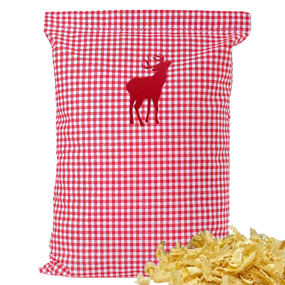 Baumwoll Zirbenkissen rot/weiß kleinkariert mit versch. Hirsch-Motiven - 30x20 cm