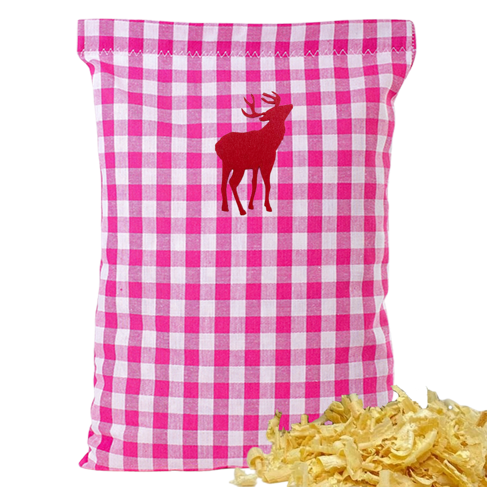 Baumwoll Zirbenkissen pink/weiß großkariert mit versch. Hirsch-Motiven - 30x20 cm