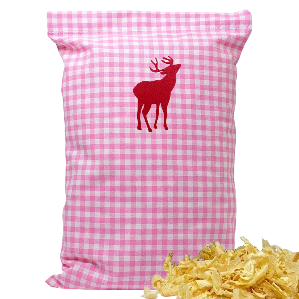 Baumwoll Zirbenkissen rosa/weiß kariert mit versch. Hirsch-Motiven - 30x20 cm
