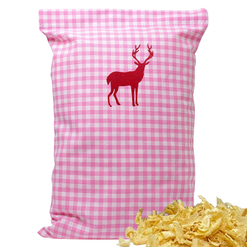 Baumwoll Zirbenkissen rosa/weiß kariert mit versch. Hirsch-Motiven - 30x20 cm