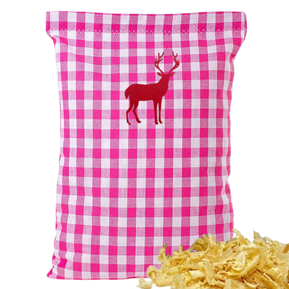 Baumwoll Zirbenkissen pink/weiß großkariert mit versch. Hirsch-Motiven - 30x20 cm