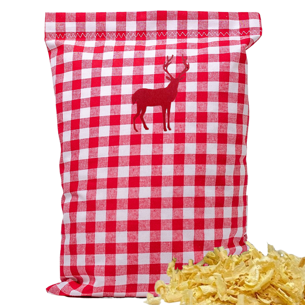 Baumwoll Zirbenkissen rot/weiß großkariert mit versch. Hirsch-Motiven - 30x20 cm