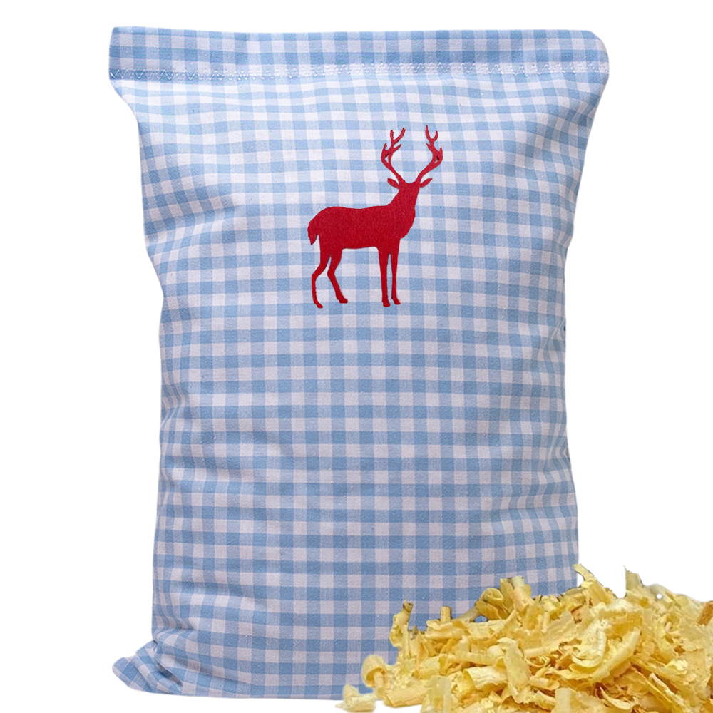 Baumwoll Zirbenkissen hellblau/weiß kariert mit versch. Hirsch-Motiven - 30x20 cm