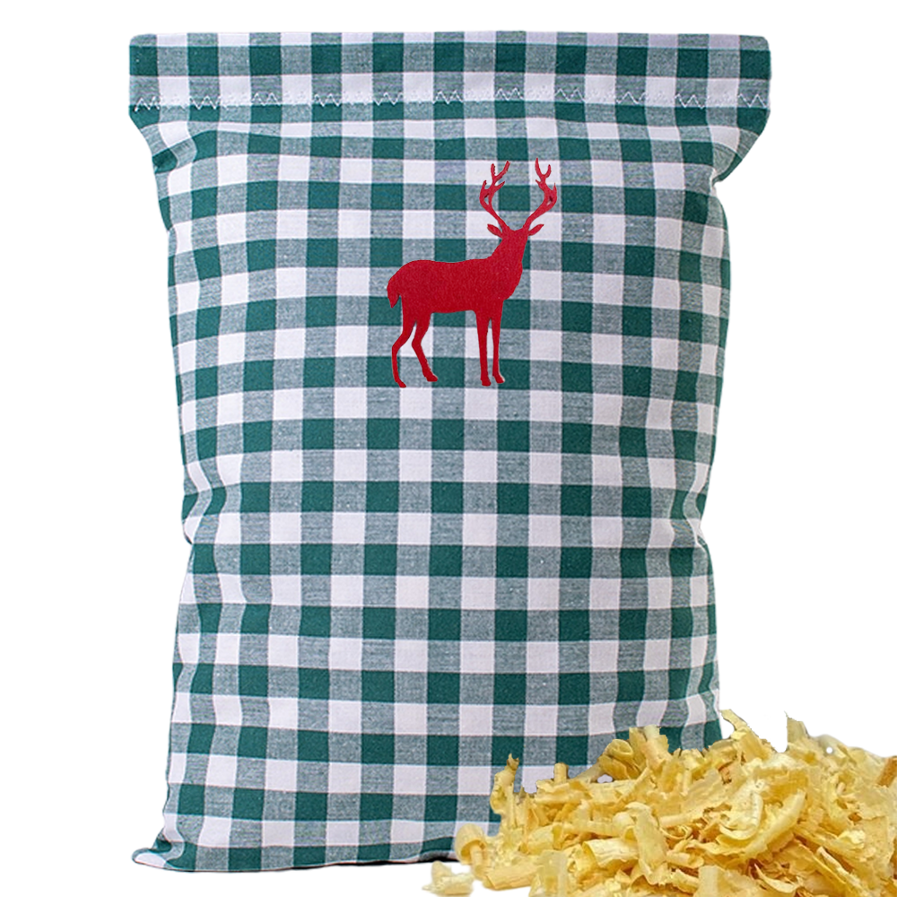 Baumwoll Zirbenkissen grün/weiß großkariert mit versch. Hirsch-Motiven - 30x20 cm