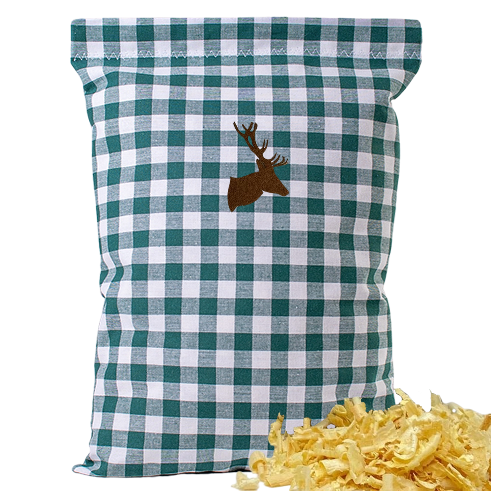 Baumwoll Zirbenkissen grün/weiß großkariert mit versch. Hirschkopf-Motiven - 30x20 cm