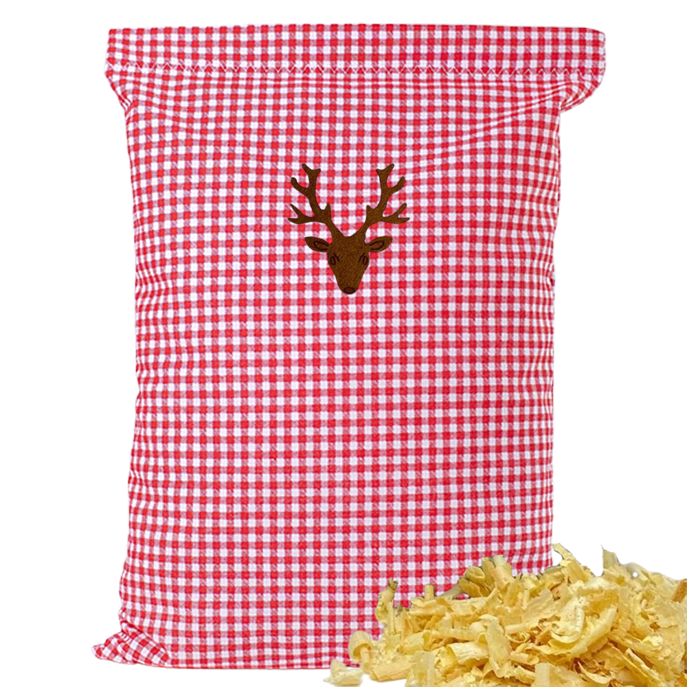 Baumwoll Zirbenkissen rot/weiß kleinkariert mit versch. Hirschkopf-Motiven - 30x20 cm