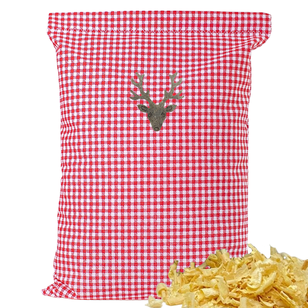 Baumwoll Zirbenkissen rot/weiß kleinkariert mit versch. Hirschkopf-Motiven - 30x20 cm