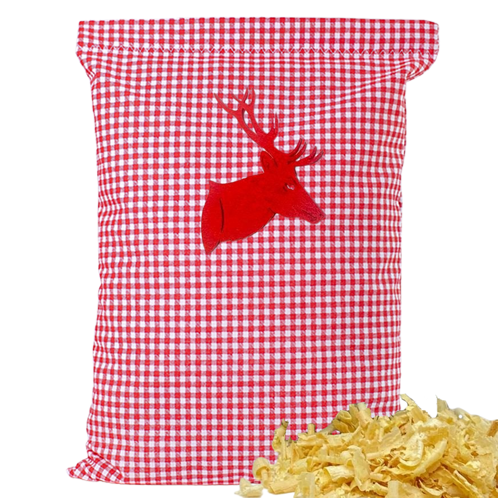 Baumwoll Zirbenkissen rot/weiß kleinkariert mit versch. Hirschkopf-Motiven - 30x20 cm