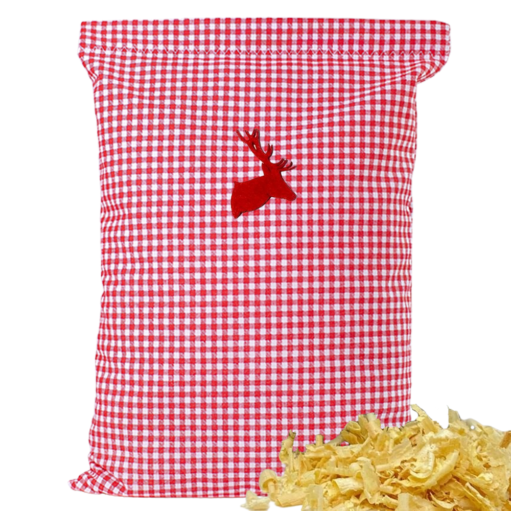 Baumwoll Zirbenkissen rot/weiß kleinkariert mit versch. Hirschkopf-Motiven - 30x20 cm