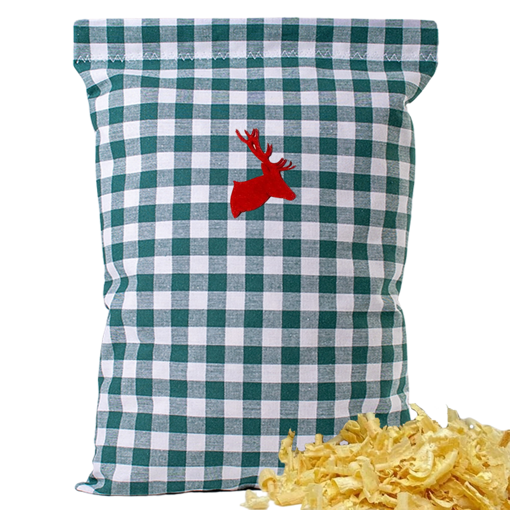 Baumwoll Zirbenkissen grün/weiß großkariert mit versch. Hirschkopf-Motiven - 30x20 cm