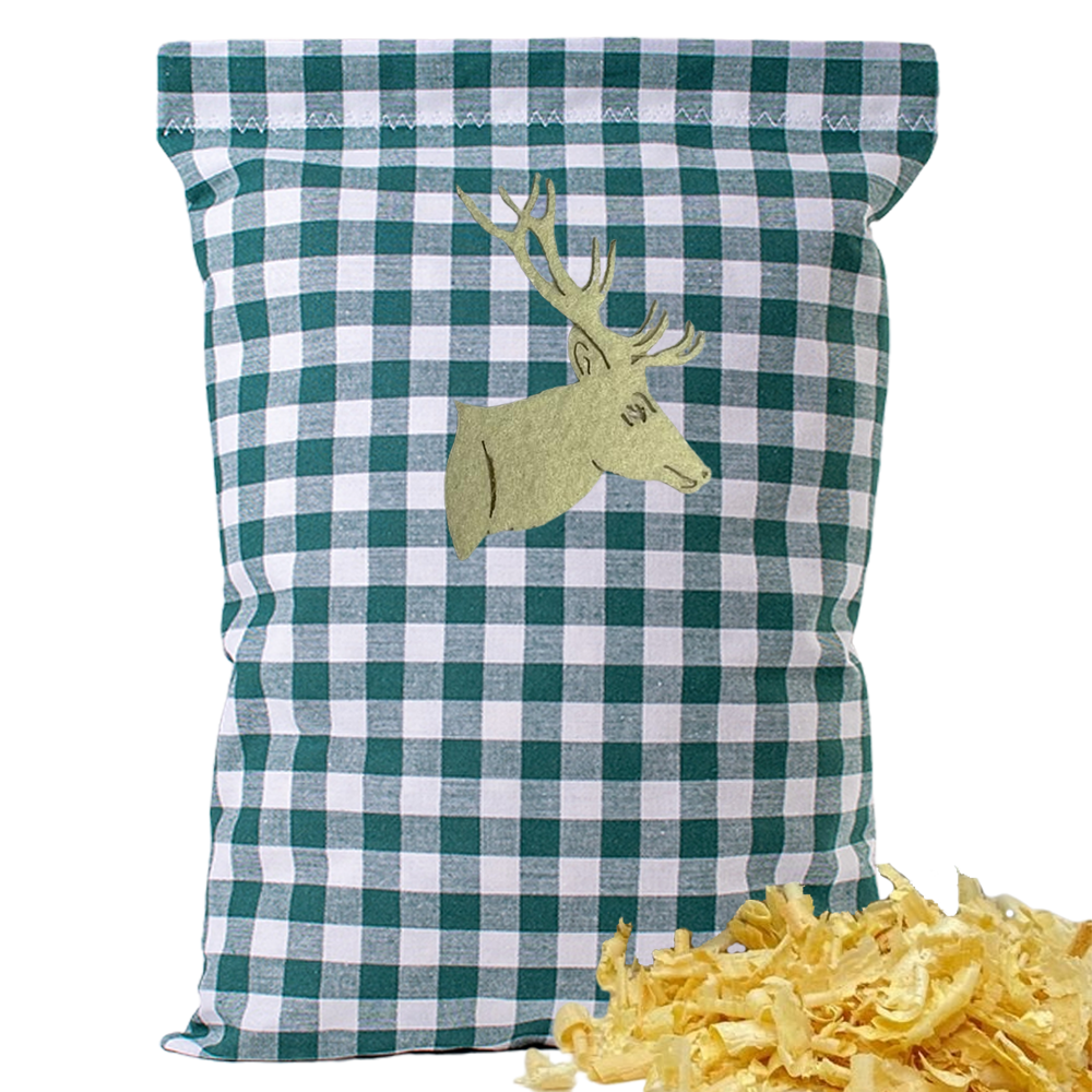 Baumwoll Zirbenkissen grün/weiß großkariert mit versch. Hirschkopf-Motiven - 30x20 cm