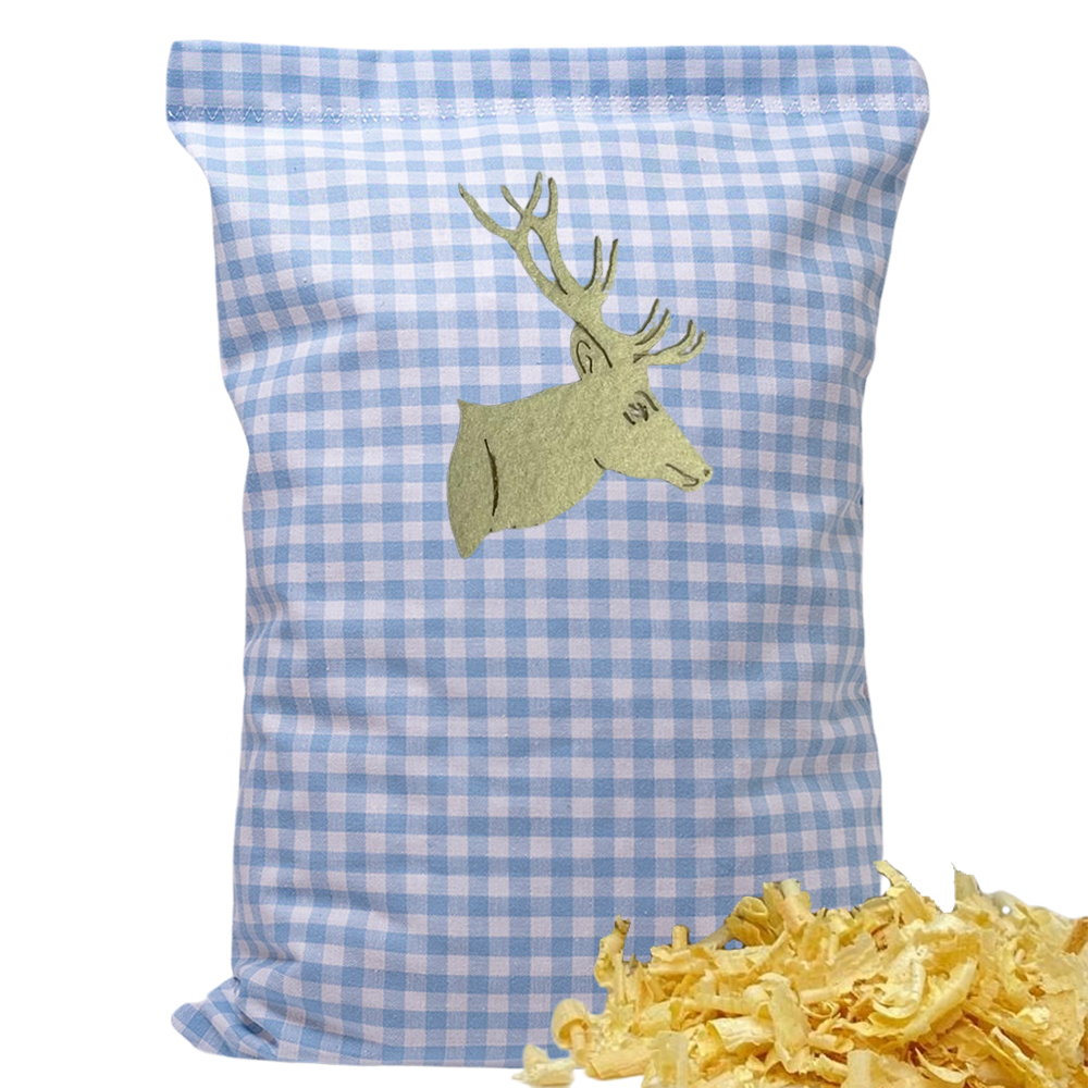 Baumwoll Zirbenkissen hellblau/weiß kariert mit versch. Hirschkopf-Motiven - 30x20 cm