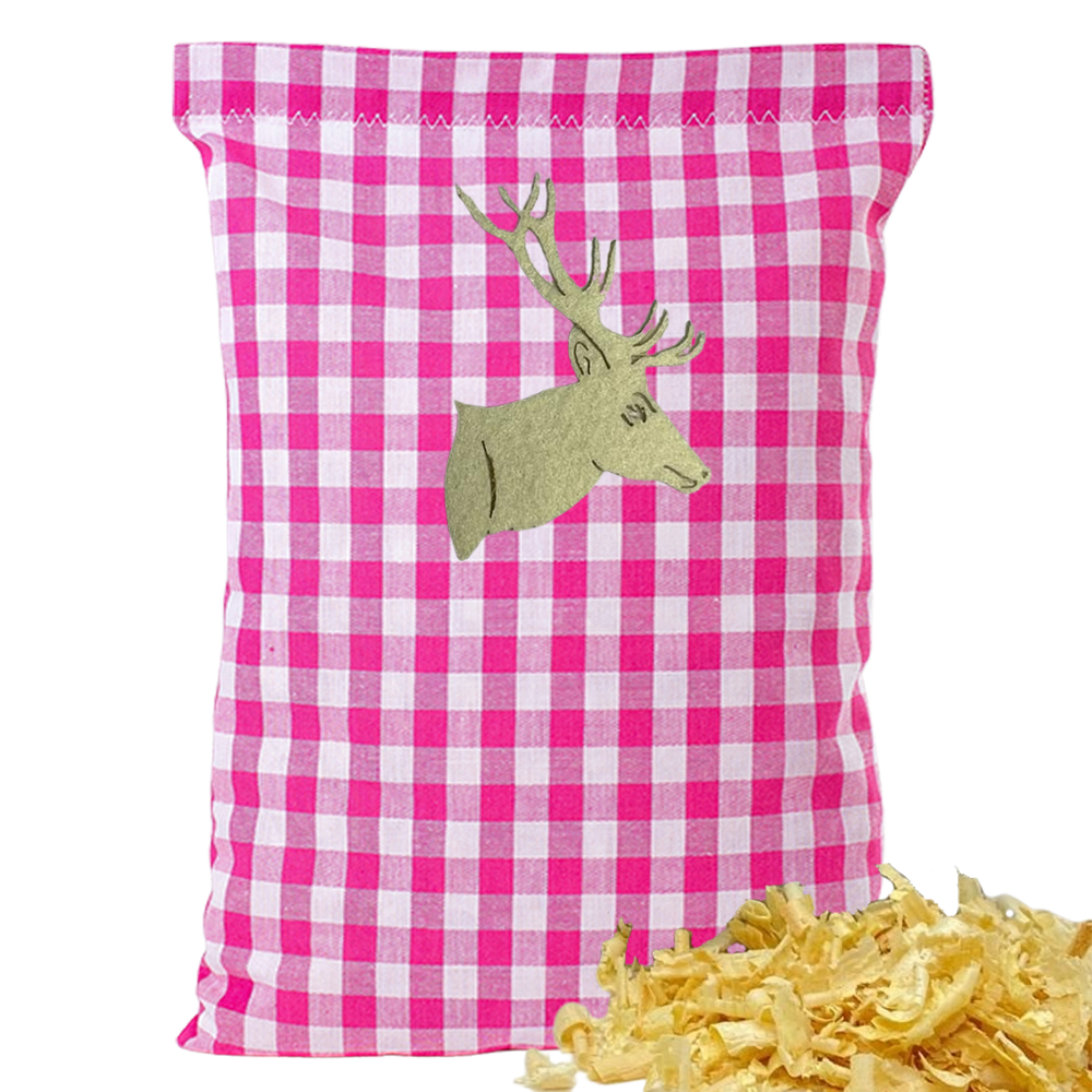 Baumwoll Zirbenkissen pink/weiß großkariert mit versch. Hirschkopf-Motiven - 30x20 cm