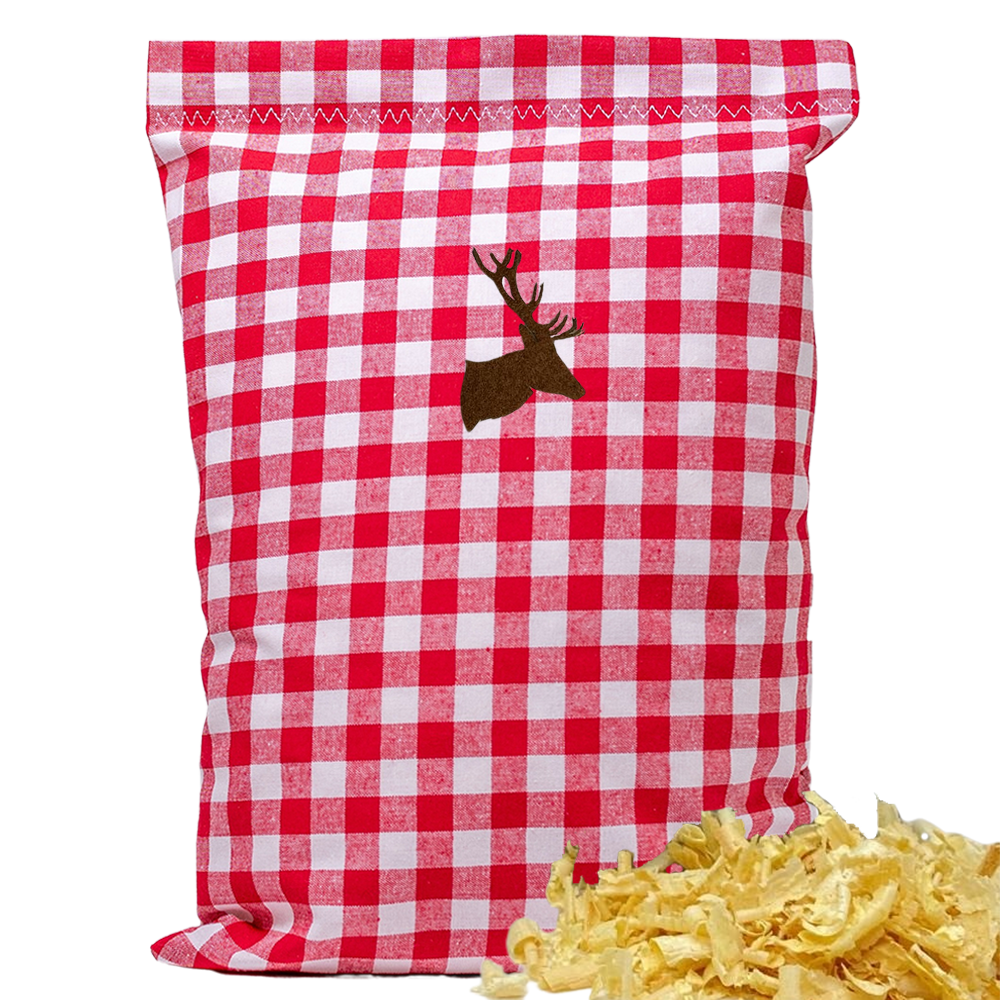 Baumwoll Zirbenkissen rot/weiß großkariert mit versch. Hirschkopf-Motiven - 30x20 cm