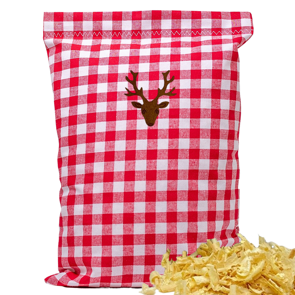 Baumwoll Zirbenkissen rot/weiß großkariert mit versch. Hirschkopf-Motiven - 30x20 cm