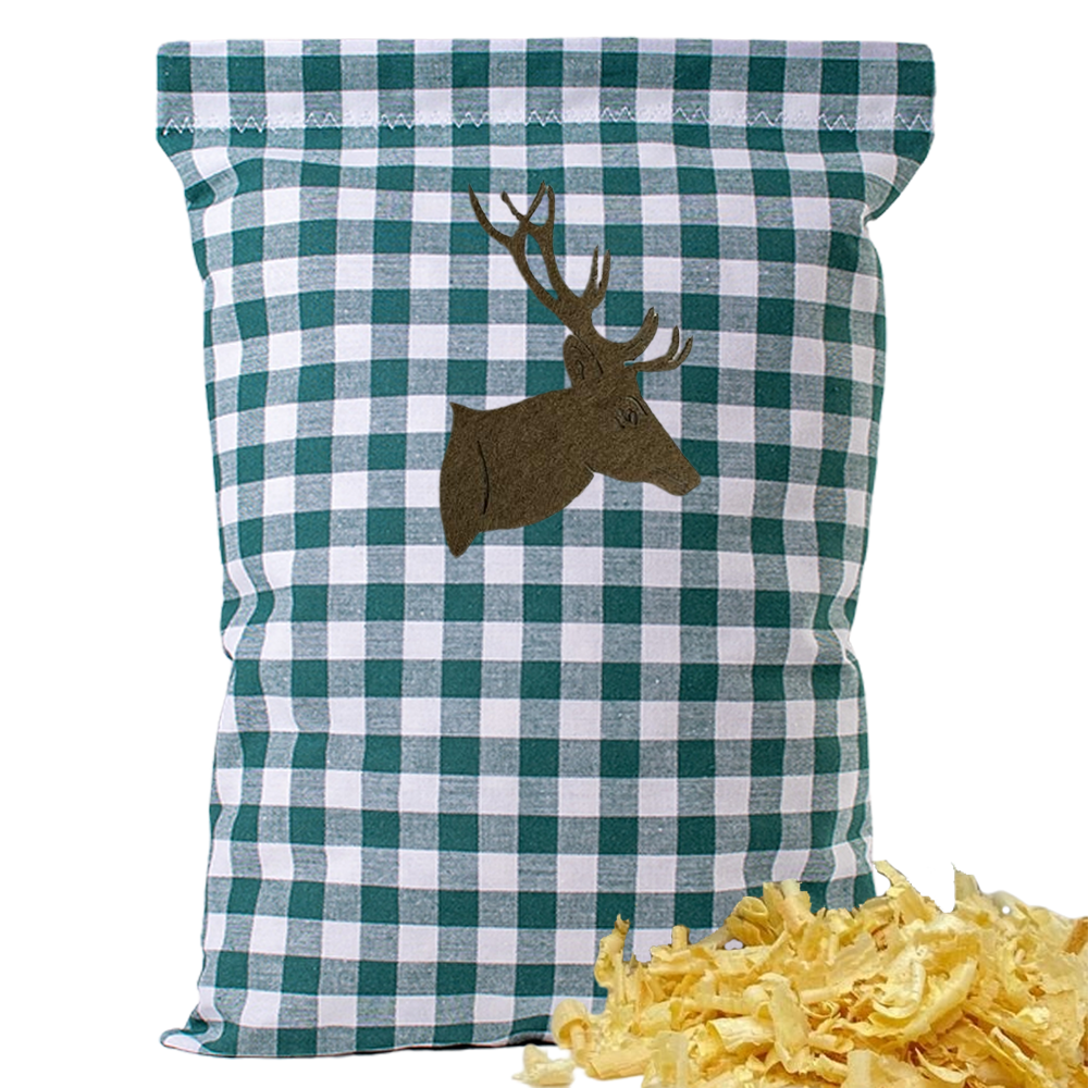 Baumwoll Zirbenkissen grün/weiß großkariert mit versch. Hirschkopf-Motiven - 30x20 cm