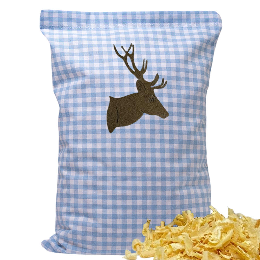 Baumwoll Zirbenkissen hellblau/weiß kariert mit versch. Hirschkopf-Motiven - 30x20 cm