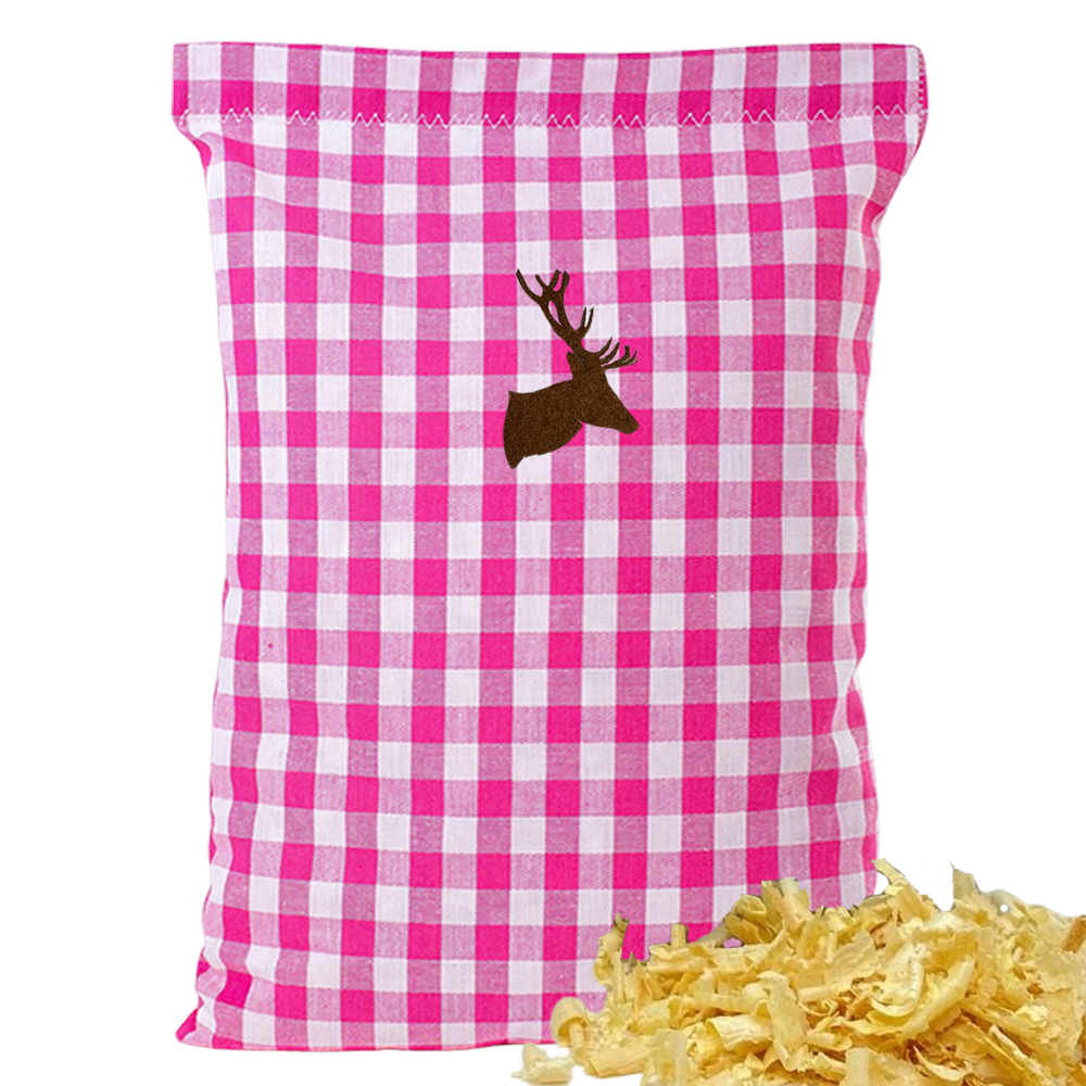 Baumwoll Zirbenkissen pink/weiß großkariert mit versch. Hirschkopf-Motiven - 30x20 cm