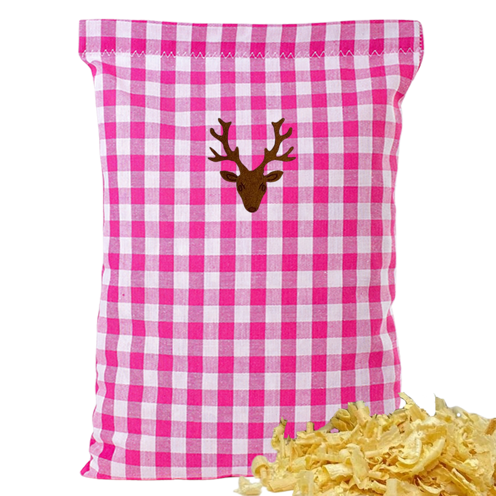 Baumwoll Zirbenkissen pink/weiß großkariert mit versch. Hirschkopf-Motiven - 30x20 cm