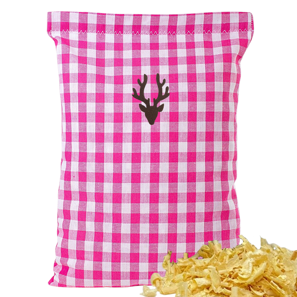 Baumwoll Zirbenkissen pink/weiß großkariert mit versch. Hirschkopf-Motiven - 30x20 cm