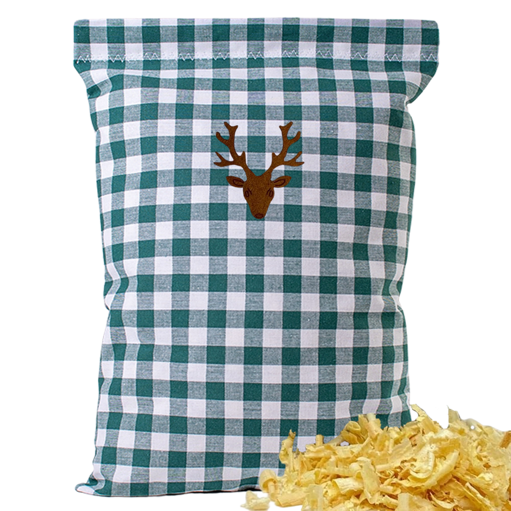 Baumwoll Zirbenkissen grün/weiß großkariert mit versch. Hirschkopf-Motiven - 30x20 cm