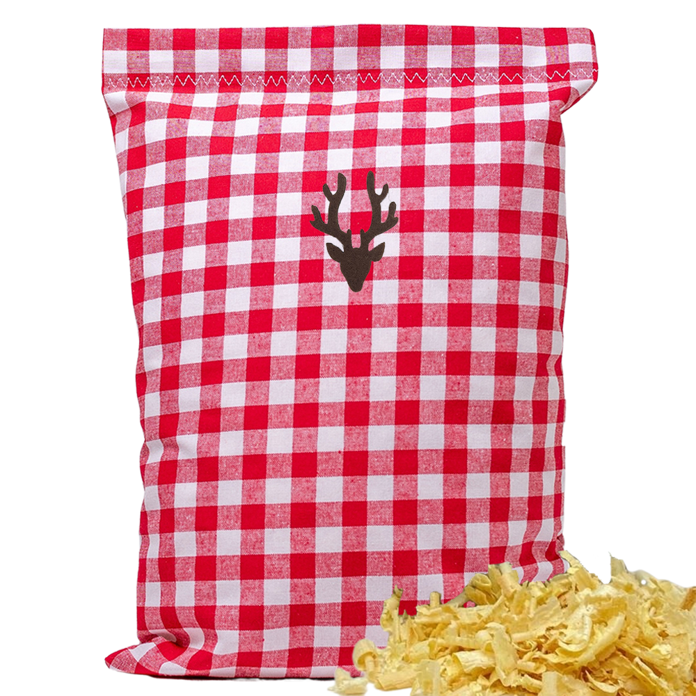 Baumwoll Zirbenkissen rot/weiß großkariert mit versch. Hirschkopf-Motiven - 30x20 cm
