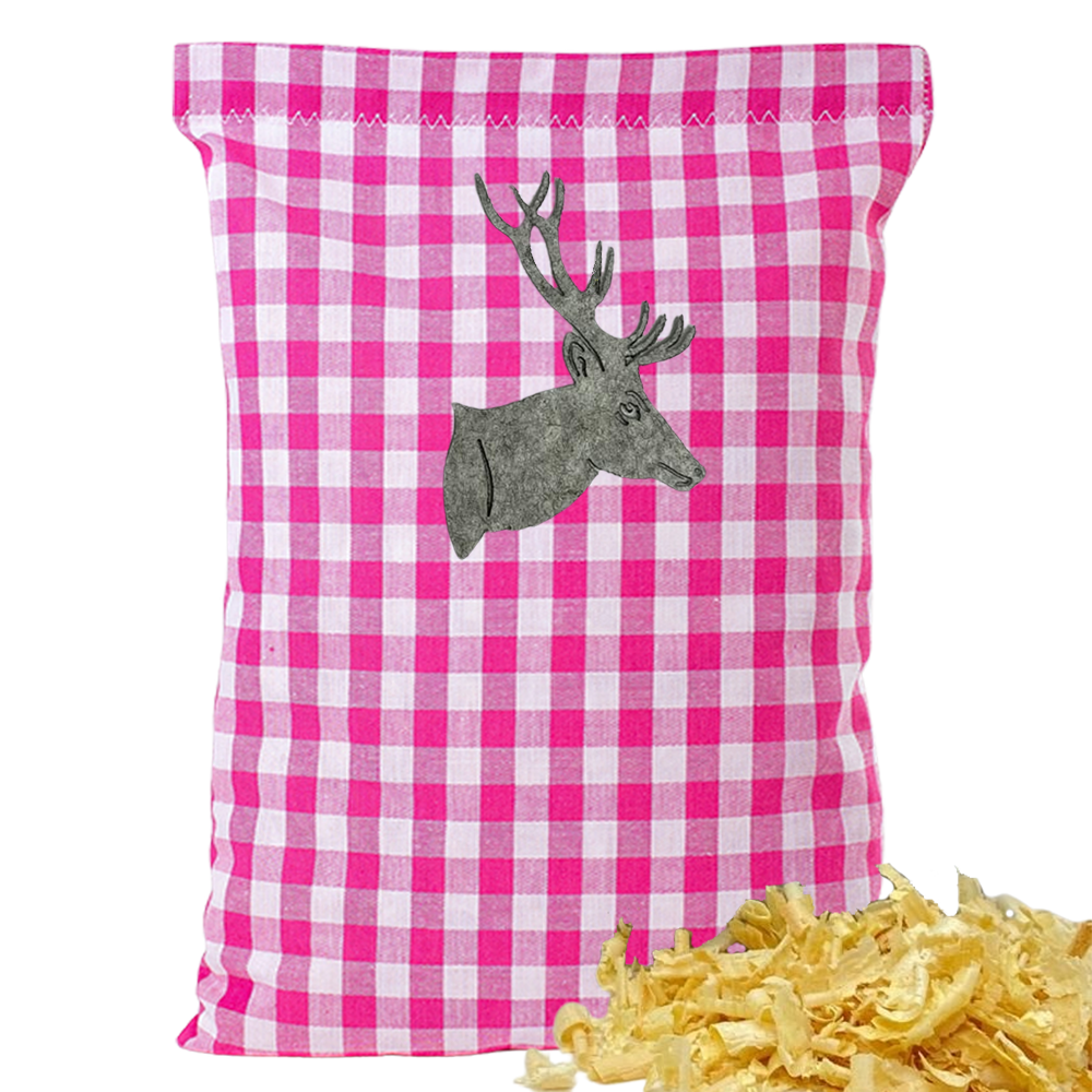 Baumwoll Zirbenkissen pink/weiß großkariert mit versch. Hirschkopf-Motiven - 30x20 cm