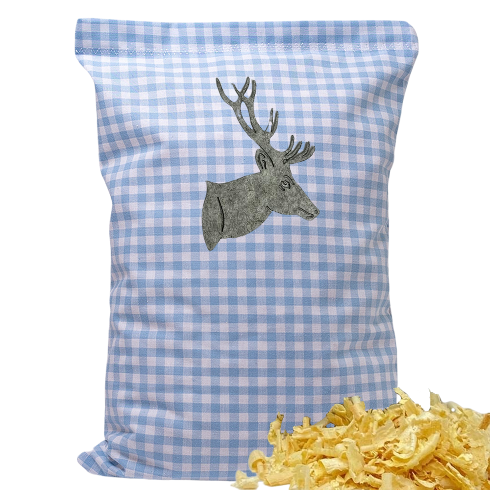 Baumwoll Zirbenkissen hellblau/weiß kariert mit versch. Hirschkopf-Motiven - 30x20 cm