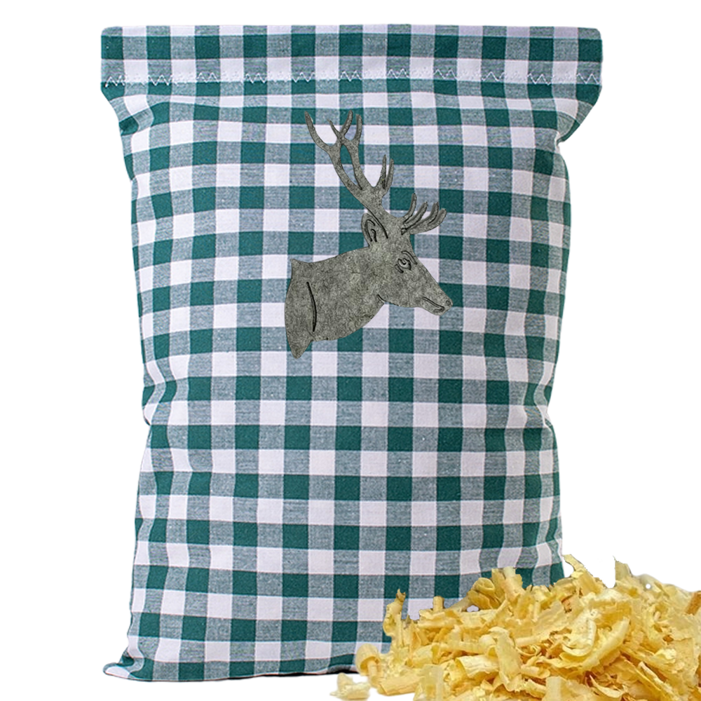 Baumwoll Zirbenkissen grün/weiß großkariert mit versch. Hirschkopf-Motiven - 30x20 cm