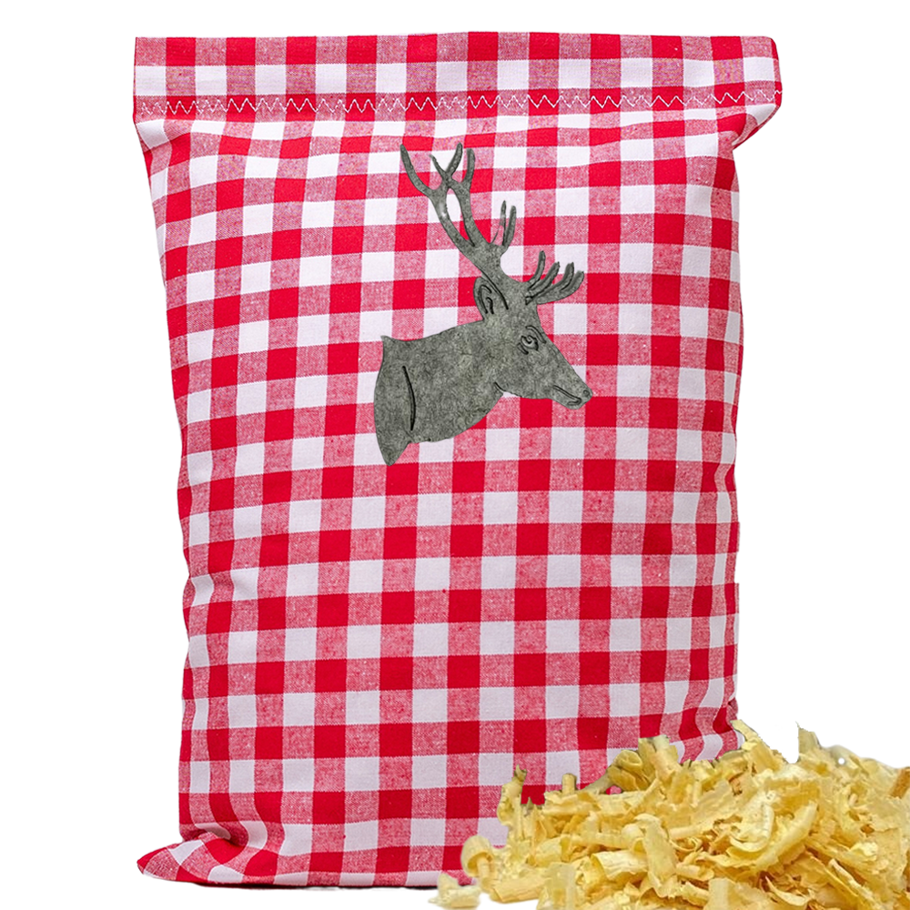 Baumwoll Zirbenkissen rot/weiß großkariert mit versch. Hirschkopf-Motiven - 30x20 cm